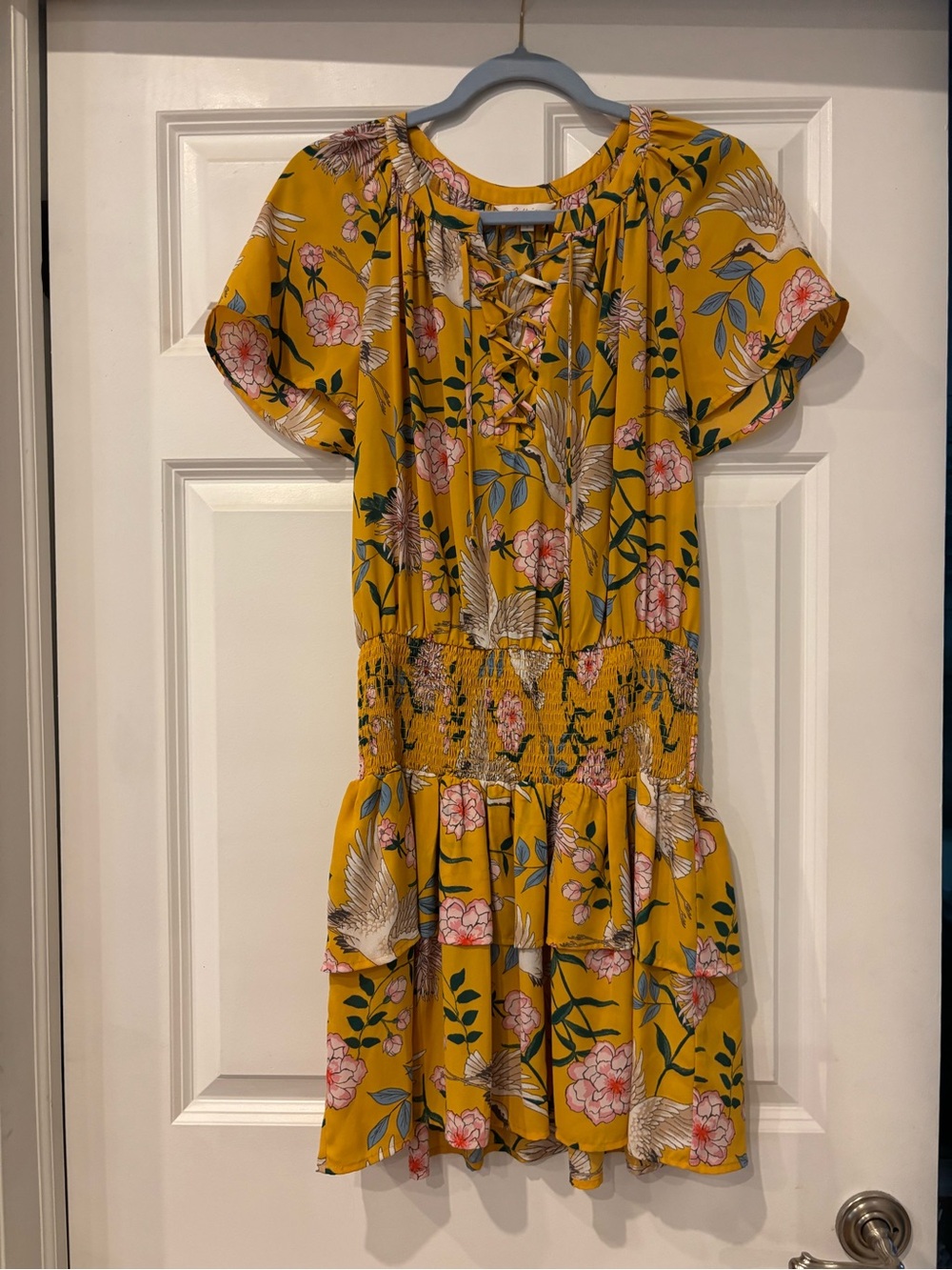 Floral Lace-Up Smocked Mustard Mini Dress
